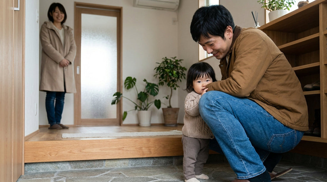 玄関で、しゃがんだ大人の男性に寄りそって立つ2歳くらいの子どもと、少しはなれて笑顔で見守る大人の女性