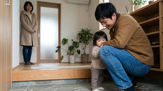 玄関で、しゃがんだ大人の男性に寄りそって立つ2歳くらいの子どもと、少しはなれて笑顔で見守る大人の女性