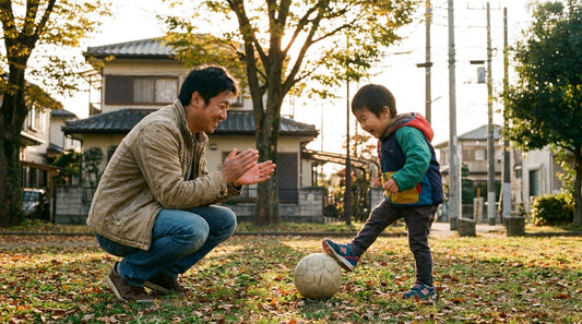公園の芝生で、4歳くらいの男の子がボールを蹴り、大人の男性がしゃがんで拍手している様子