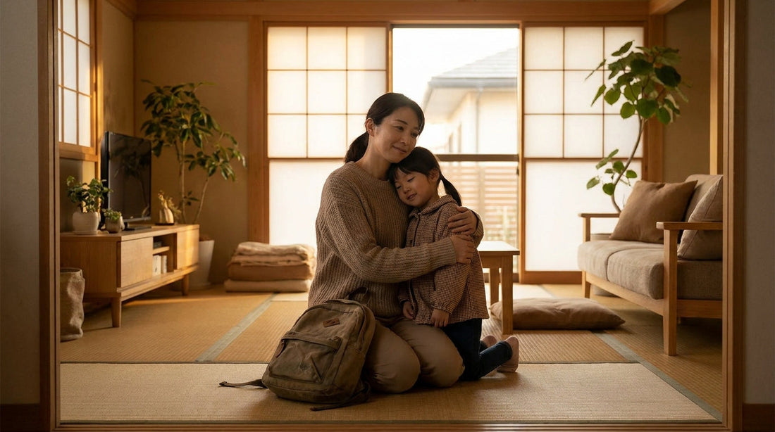 リュックを床に置いたまま、床に座った大人の女性が女の子をやさしく抱きしめている