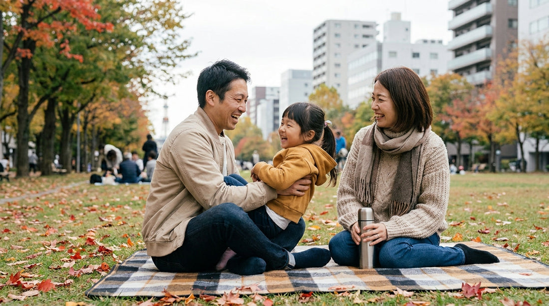 公園のレジャーシートで、女の子と大人の男性・女性が笑い合っている様子