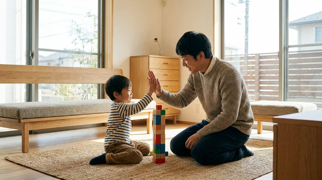 カラフルな積み木を積み上げた男の子と、ひざをついて目線を合わせてハイタッチする大人の男性
