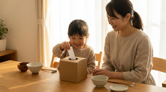 食卓で、手作りの段ボール箱に白い紙を出し入れする女の子と、隣で微笑む大人の女性