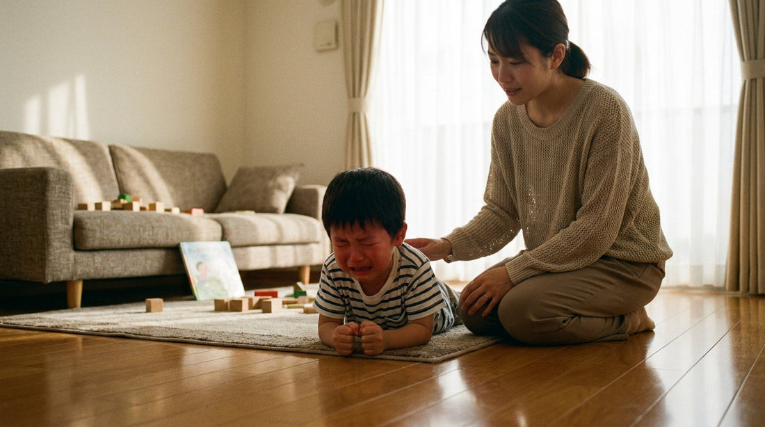床で泣いて癇癪を起こす4歳の男の子と、そばで落ち着いて寄り添う母親