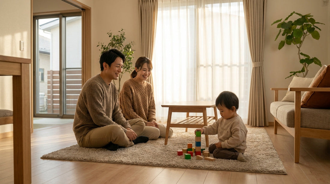 リビングのラグの上で積み木を積む2歳くらいの子どもと、少し離れて座り笑顔で見守る大人の男性と女性